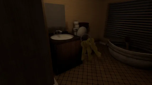 The Man From The Window screenshot: a dark bathroom with a sink, a tub, closed blinds and a ring of keys
