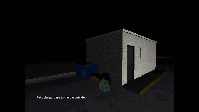 The Mantis screenshot: a pale brick back building at night beside a blue dumpster and garbage bags, with the task 'Take the garbage to the bin outside.'
