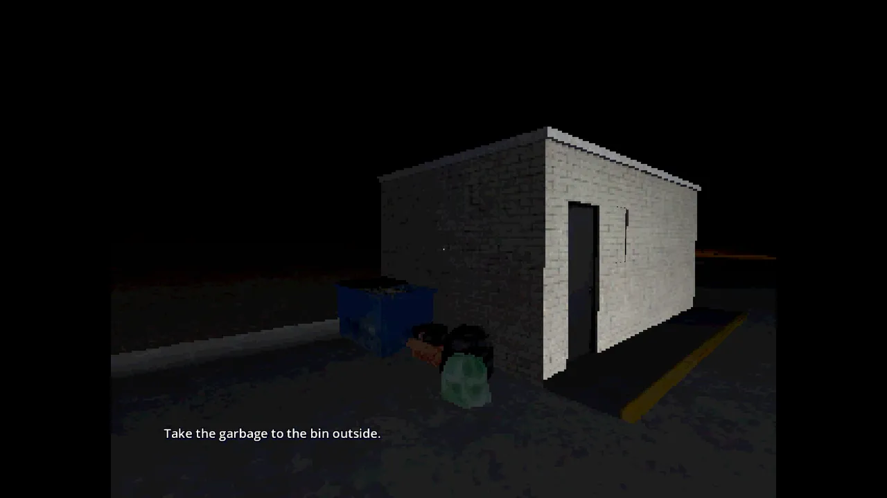 The Mantis screenshot: a pale brick back building at night beside a blue dumpster and garbage bags, with the task 'Take the garbage to the bin outside.'