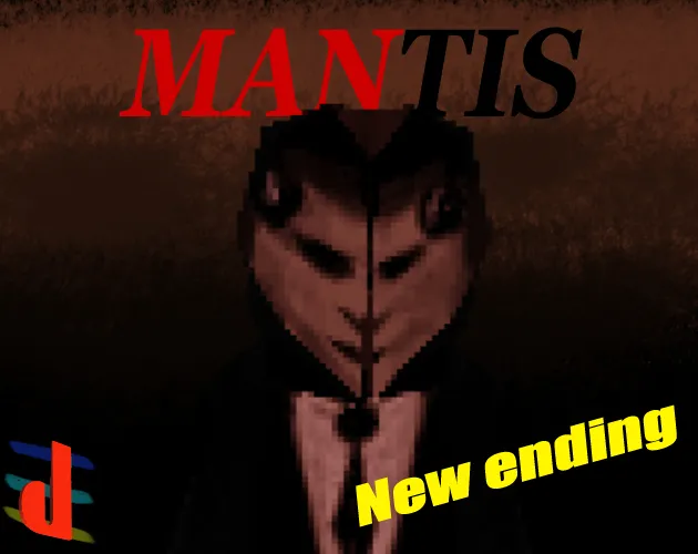 The Mantis cover: a pixelated figure in a suit and tie with a pale, mantis-like face under the title MANTIS, with a 'New ending' badge