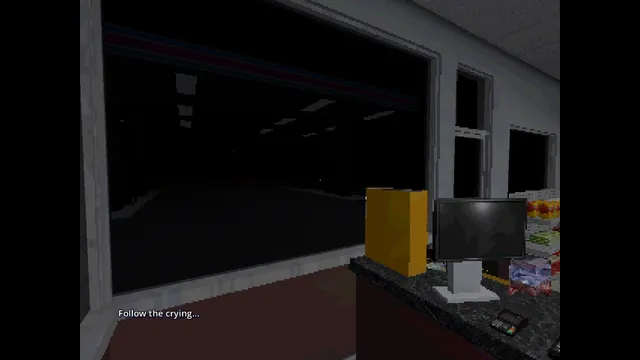 The Mantis screenshot: the store counter with a register and screen beside a dark window onto the empty lot, with the prompt 'Follow the crying...'