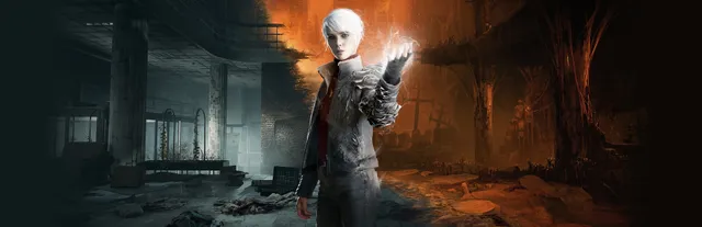 The Medium key art: Marianne, white-haired, raises a glowing hand, standing between a grey abandoned building on the left and an orange spirit world of crosses and twisted trees on the right