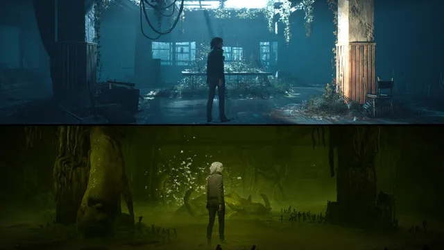 The Medium screenshot: split screen showing Marianne in an overgrown abandoned hall in the real world above and the same spot as a sickly green spirit world of twisted trees below