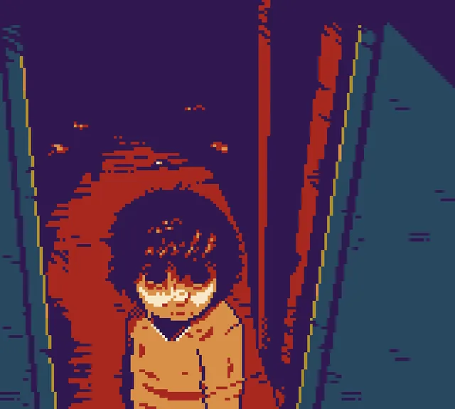 The Melting Apartment screenshot: a dark-haired figure with glowing eyes in a red-lit hallway