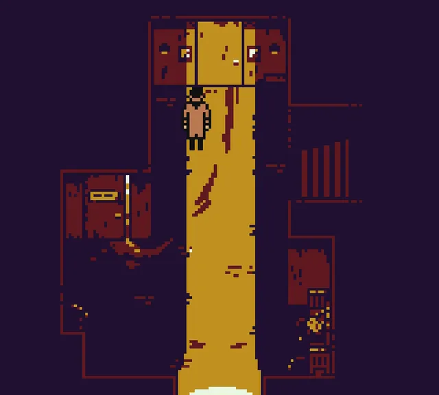 The Melting Apartment screenshot: a top-down view of a long yellow-lit corridor with a man in a coat between dark rooms