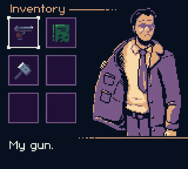 The Melting Apartment screenshot: the inventory with a gun, a notebook and a hammer beside the detective in a coat and tie