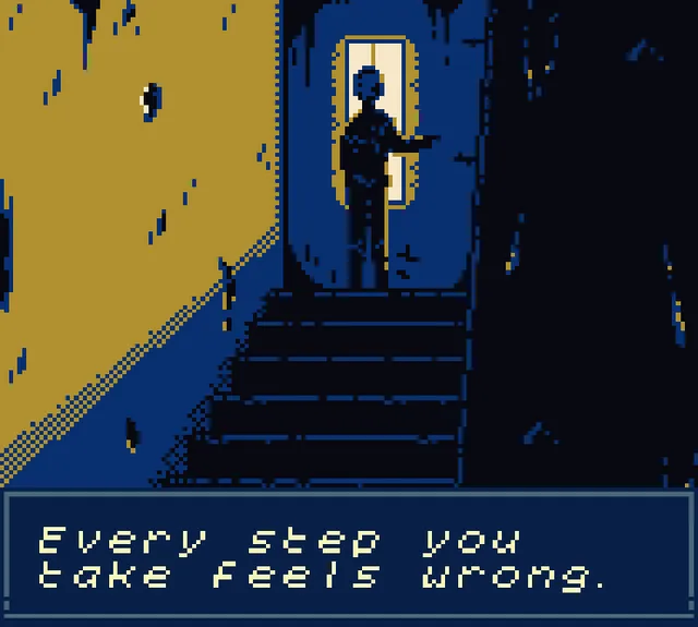The Melting Apartment screenshot: a figure in a lit doorway at the top of a dark blue stairwell, with the text Every step you take feels wrong