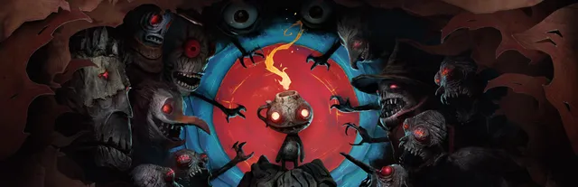The Midnight Walk key art: the small flame-headed Potboy stands in the middle of a ring of red-eyed clay monsters