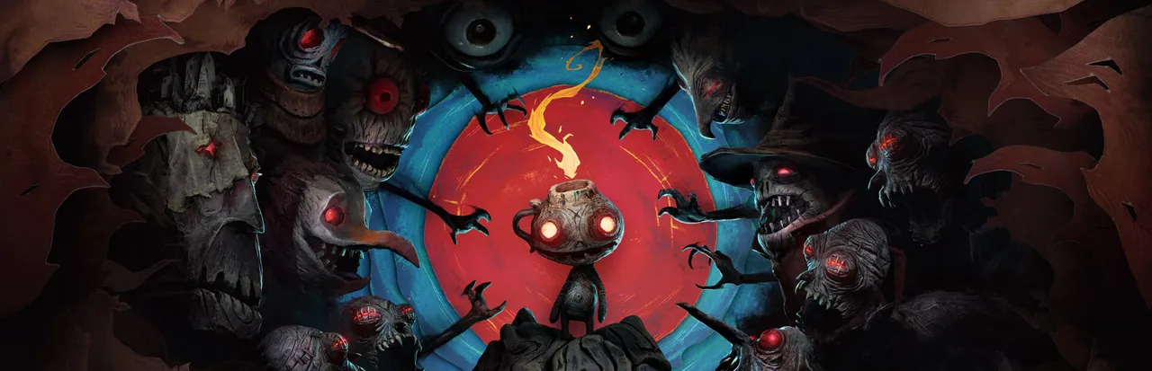 The Midnight Walk key art: the small flame-headed Potboy stands in the middle of a ring of red-eyed clay monsters