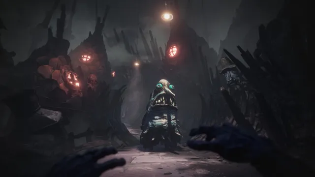 The Midnight Walk screenshot: a pale-eyed clay creature with sharp teeth waits in a dark street of crooked houses
