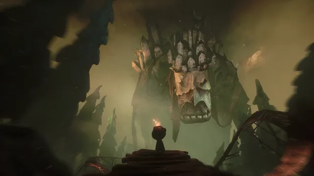 The Midnight Walk screenshot: Potboy faces a giant creature with a ruined town on its head in a misty green valley