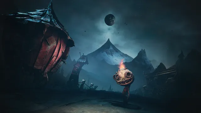 The Midnight Walk screenshot: Potboy with a flame on his head walks under a dark moon past crooked clay houses