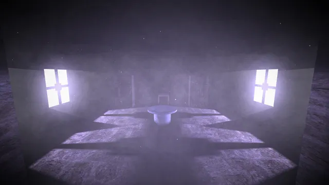 Pale moonlight falls through two cross-shaped windows onto a round stone table in a hazy, empty room