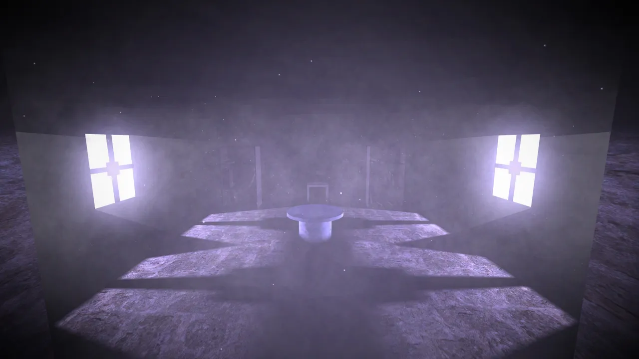Pale moonlight falls through two cross-shaped windows onto a round stone table in a hazy, empty room