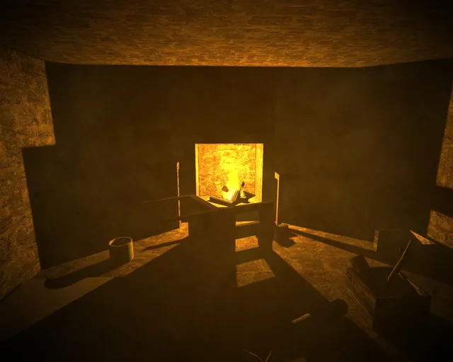 A dark stone room lit by a fire burning in the hearth behind an overturned chair