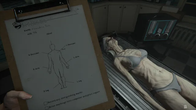 The Mortuary Assistant screenshot: a clipboard body chart held up beside a thin corpse lying on the embalming table