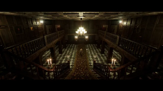 The mansion's grand hall from above: a chandelier, twin staircases and a checkered floor