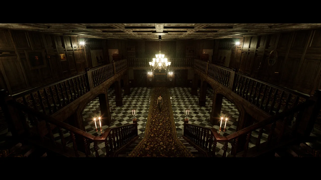The mansion's grand hall from above: a chandelier, twin staircases and a checkered floor