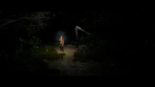 Emily lit by a flashlight in a dark forest clearing