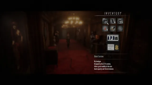 The inventory screen over a dark corridor: a handgun, ammunition and a police ID