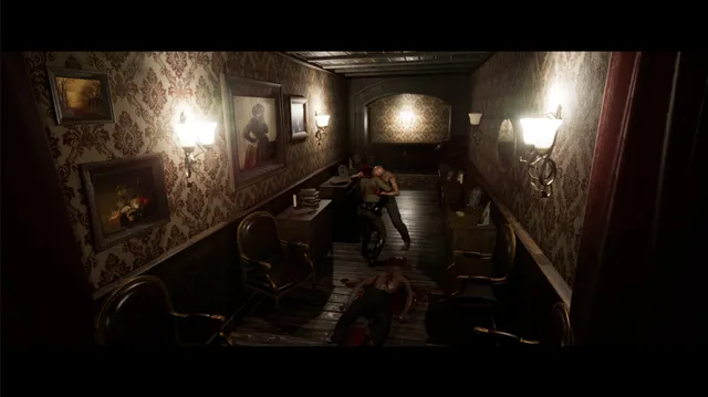 A creature attacking in a red-papered corridor, a body on the floor