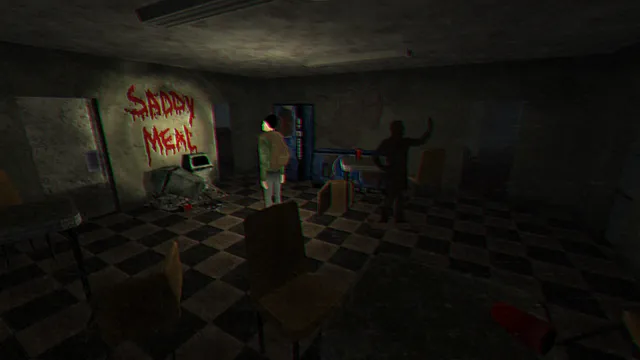A wrecked break room with SADDY MEAL scrawled in red on the wall and a dark figure raising its arm