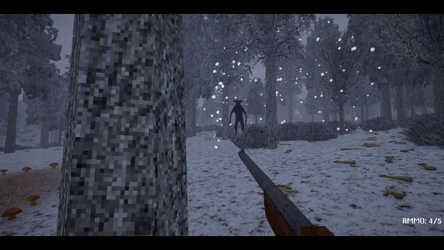 The Not-Deer Stew screenshot: a dark creature stands among snowy trees as a rifle points at it