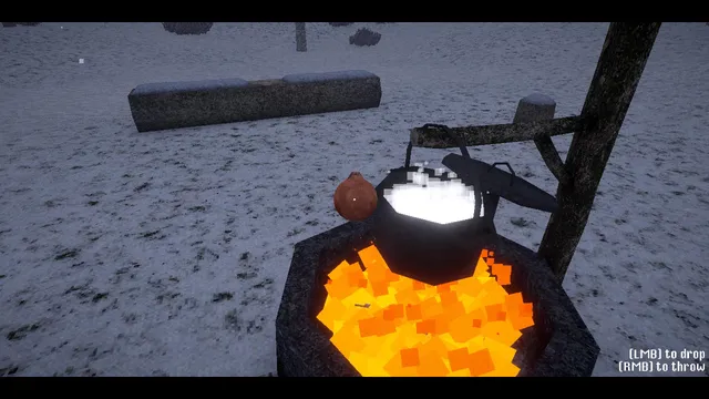 The Not-Deer Stew screenshot: an onion held over a pot hanging above a blocky campfire in the snow