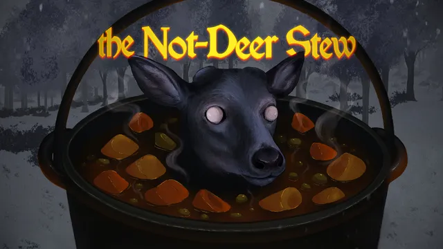 The Not-Deer Stew cover: a black deer head with white eyes in a pot of stew, under the title, in a snowy forest