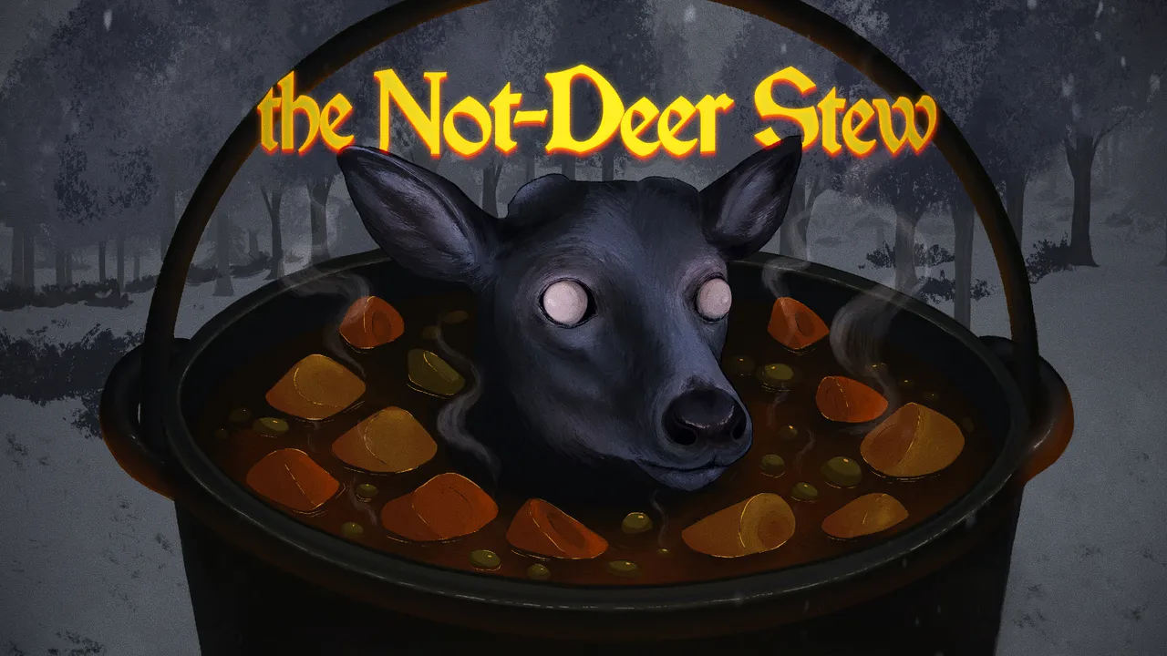 The Not-Deer Stew cover: a black deer head with white eyes in a pot of stew, under the title, in a snowy forest