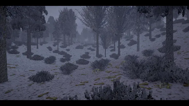 The Not-Deer Stew screenshot: grey snowy woods with low bushes and fallen branches
