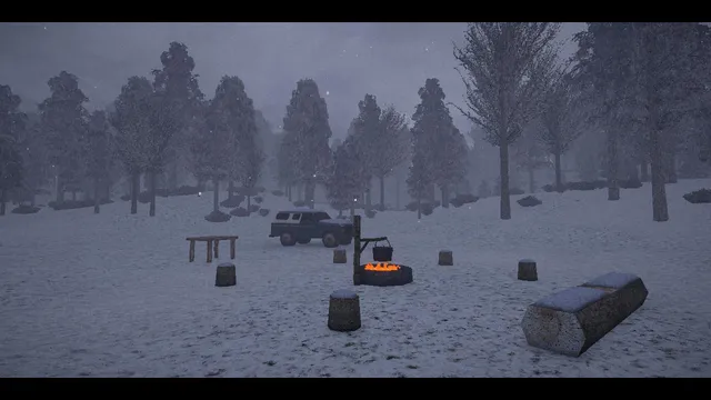 The Not-Deer Stew screenshot: a snowy campsite with a pot over the fire, a table, log seats and a pickup truck