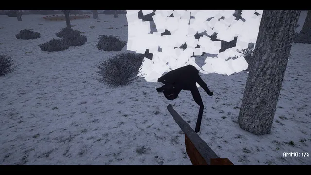 The Not-Deer Stew screenshot: the black creature lunges out of a cloud of rifle smoke, with one round left