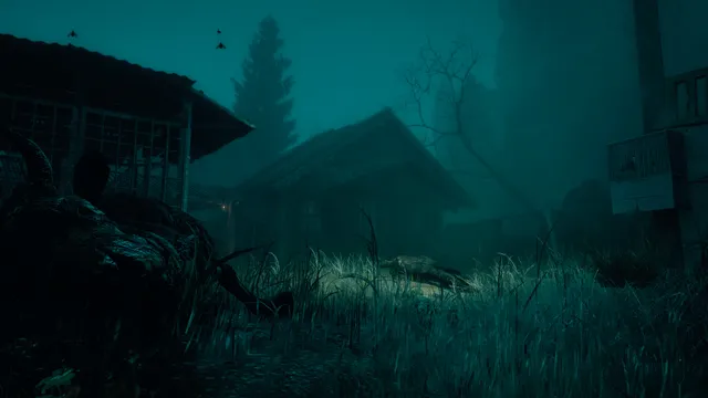 The Occultist screenshot: abandoned wooden houses in thick blue-green fog among tall grass