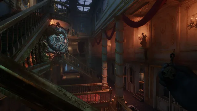 The Occultist screenshot: Alan holds his pendulum in a decaying grand hall with a large ornate clock and sweeping staircases