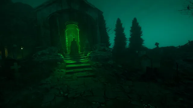 The Occultist screenshot: a hooded figure stands in a glowing green doorway of a stone mausoleum in a foggy cemetery at night