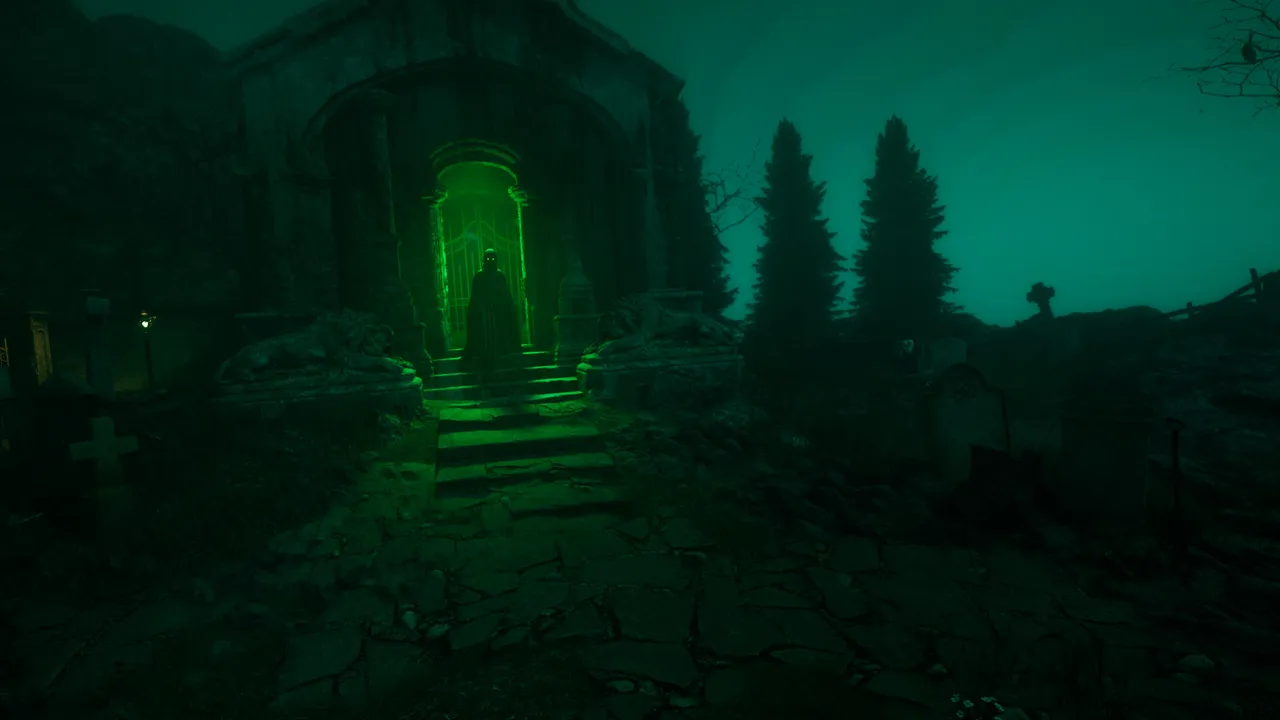The Occultist screenshot: a hooded figure stands in a glowing green doorway of a stone mausoleum in a foggy cemetery at night