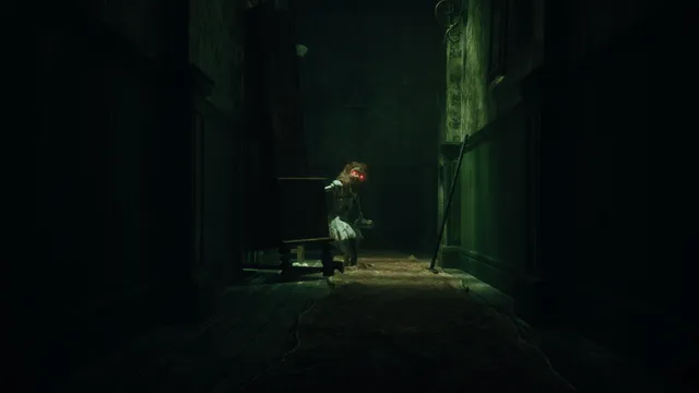The Occultist screenshot: a hunched figure with glowing red eyes crouches at the end of a dark wooden corridor