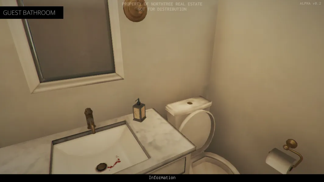 The Open House screenshot: a beige guest bathroom with a sink, toilet and skylight, labelled GUEST BATHROOM