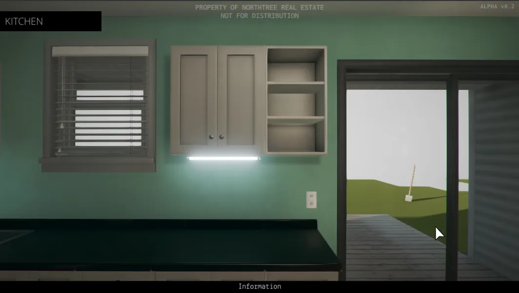 The Open House screenshot: a bright, empty teal kitchen labelled KITCHEN with a not for distribution watermark
