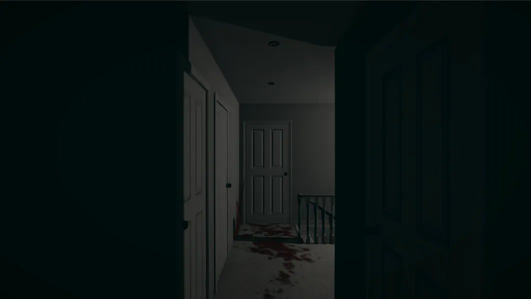 The Open House screenshot: a dark upstairs hallway with doors ajar and red stains on the carpet near the stairs