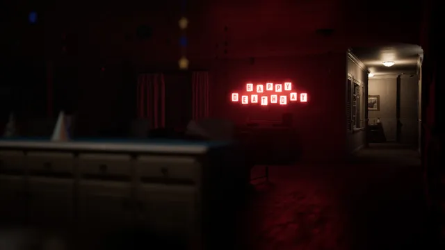 A dark kitchen with a red neon sign reading Happy Deathday and a lit hallway beyond