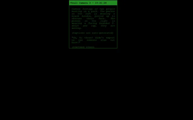 The Ouroborous Incident opening: a green Trail Camera 3 window captioning park footage of a hooded figure and a person in a Turing cap, with a (CONTINUE VIDEO) link
