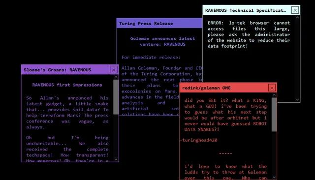 The Ouroborous Incident screenshot: four overlapping text windows on black, a Turing press release announcing RAVENOUS, Sloane's Groans blog, a failed tech-spec download and a red forum post about rob
