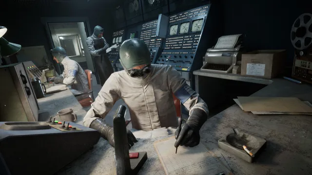 The Outlast Trials screenshot: Murkoff staff in gas masks and lab coats taking notes at Cold War-era control consoles