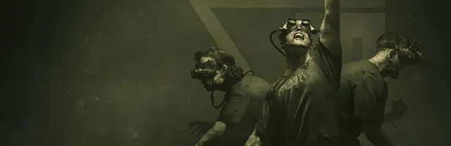 The Outlast Trials art: test subjects with night-vision goggles strapped to their faces, one reaching upward and screaming, in a sickly green tint