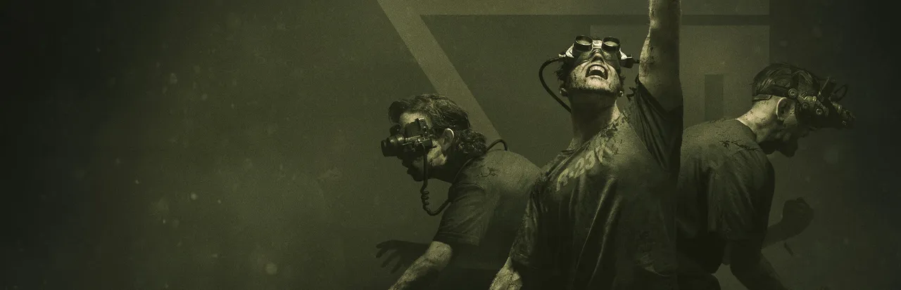 The Outlast Trials art: test subjects with night-vision goggles strapped to their faces, one reaching upward and screaming, in a sickly green tint