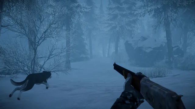 A dog runs across snow beside a first-person hunting rifle in a pale winter forest