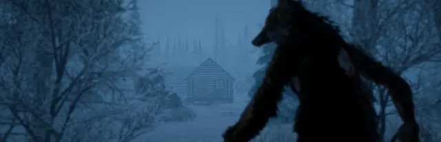 The Pale Mimic art: a tall, gaunt furred creature with a wolf-like head stands in a snowy forest near a log cabin