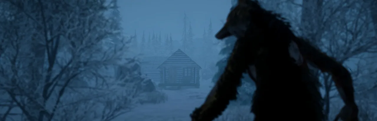 The Pale Mimic art: a tall, gaunt furred creature with a wolf-like head stands in a snowy forest near a log cabin
